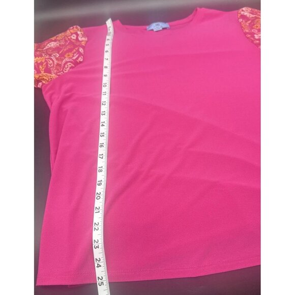 Cece Women's Bright Pink Mixed Media Short Puffed Sleeve Knit Blouse Top Sz XL - Picture 8 of 8